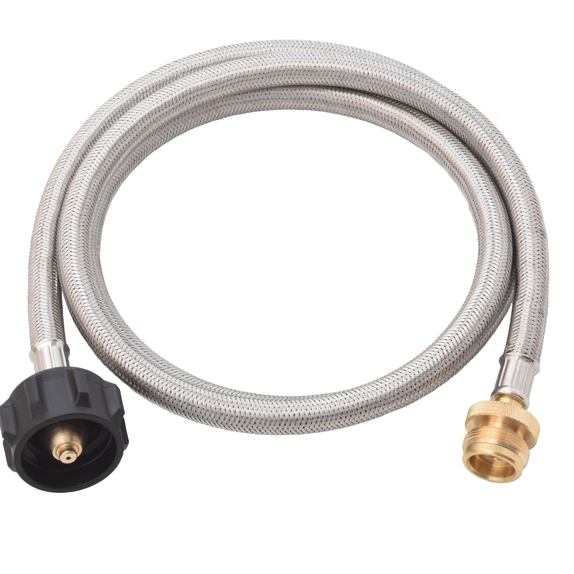 Flame King, Flame King 5ft. Steel Braided Hose, Included (qty.) 1 Material Steel, Compatible With Heaters, BBQ grills, tabletop griddles, firepits, Model# SS-QCC-1LB